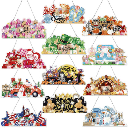 Cinnvoice 12 Pcs Seasonal Diamond Art Wreath Kits Holiday 5d DIY Diamond Painting Signs Germ Hanging Art Ornaments for Wall Door Decorations (Novel)