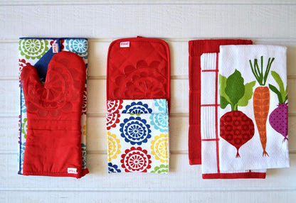 T-Fal Textiles Silicone Printed Medallion 100% Cotton Twill Oven Mitt, 12.75" x 7", Red