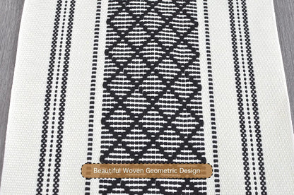 14 72 Inches, Boho Table Runner with Tassel x Black & Cream Cotton Woven Washable Dresser Scarf Top Cover for Furniture