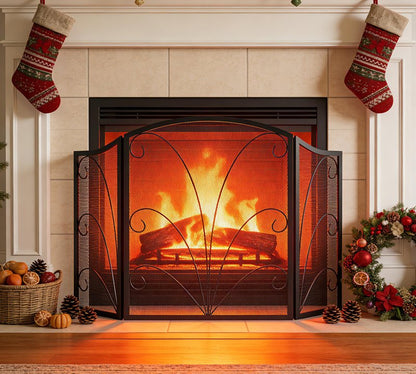 Kingson 3-Panel Arched Fireplace Screen Decorative, Handcrafted Scroll Wrought Iron Fireplace Spark Guard Cover - Black