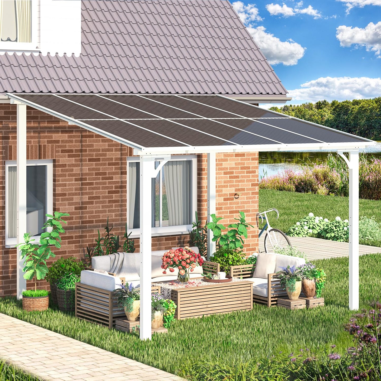 AECOJOY 10' x 10' Pergola Gazebo in White, Small Wall Mounted Pergolas and Gazebos on Clearance, Outdoor Patio Lean to Gazebo Metal Awnings for Deck, Porch, Backyard and More