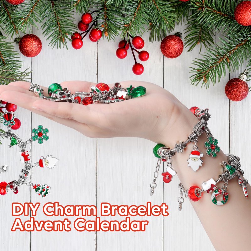 Christmas Advent Calendar Bracelets 2026 for Girls, 24 Days Xmas Countdown DIY Jewelry Kit with 22 Charm Beads and 2 Adjustable Bracelets Gift for Kids Teens Women
