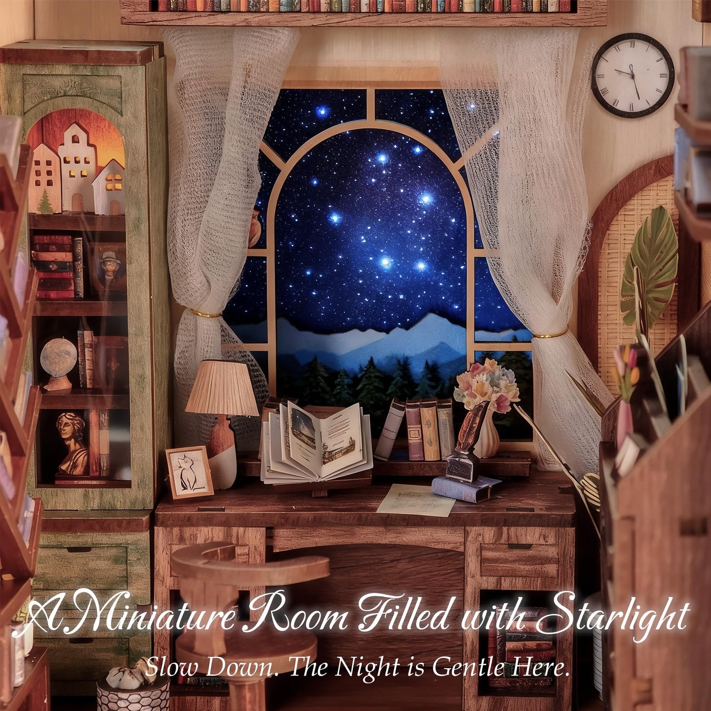 Dolphin Island DIY Book Nook Kit for Adults, 3D Wooden Puzzle Booknook Miniature House Kit (Starlight Reading Nook)