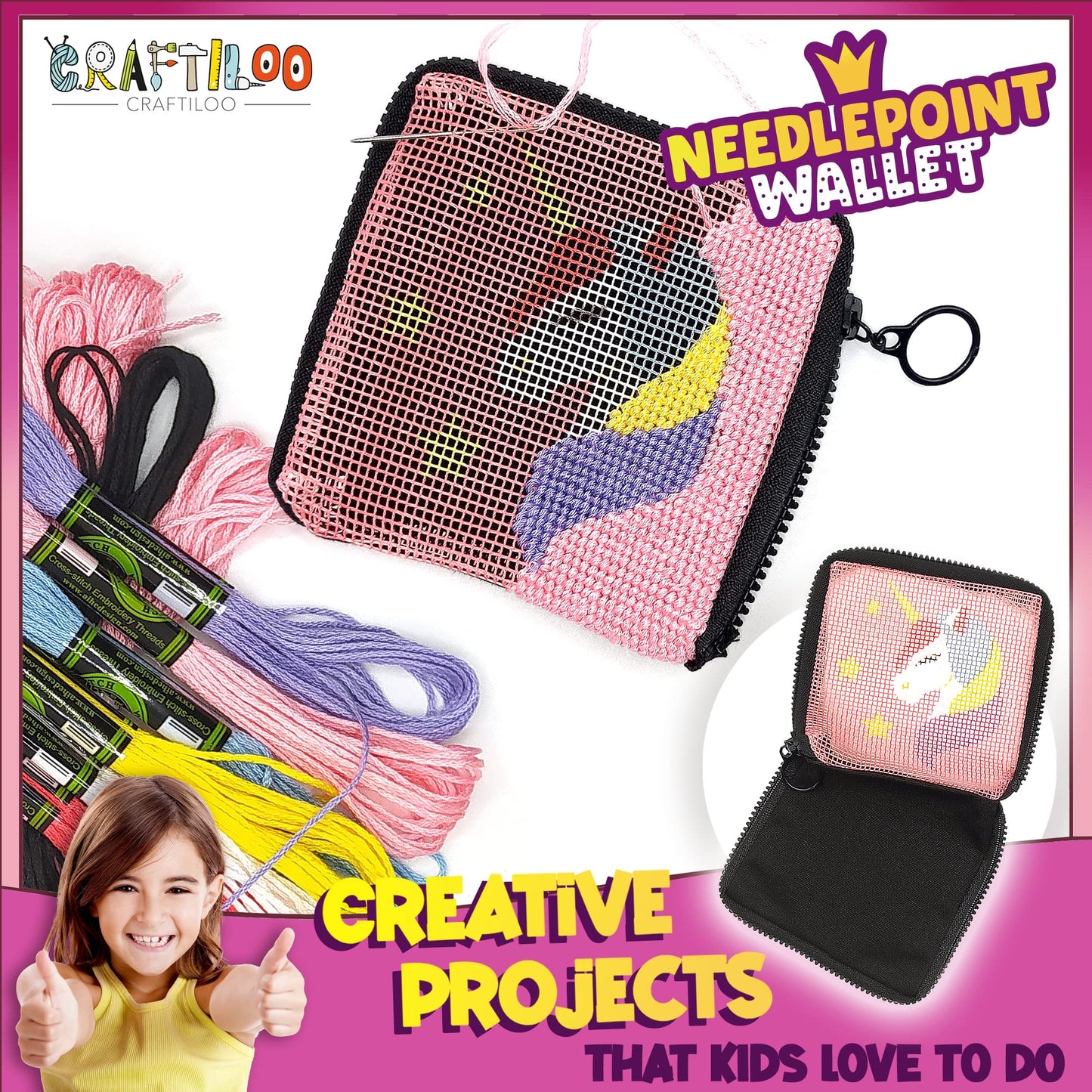 CRAFTILOO Needlepoint Kit for Kids — Beginner Cross Stitch Sewing Kit with Pre Printed Canvas, Easy Embroidery Arts and Crafts Starter Set for Girls and Boys Ages 6-12 (Unicorn)