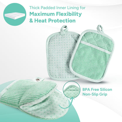 Casa Platino Heat Resistant Oven Mitts & Pot Holders, 4-Piece – Oven Mitt for Baking & BBQ, Potholders for Kitchens – Withstands Heat Up to 500°F, Soft, Durable & Non-Slip – Sage