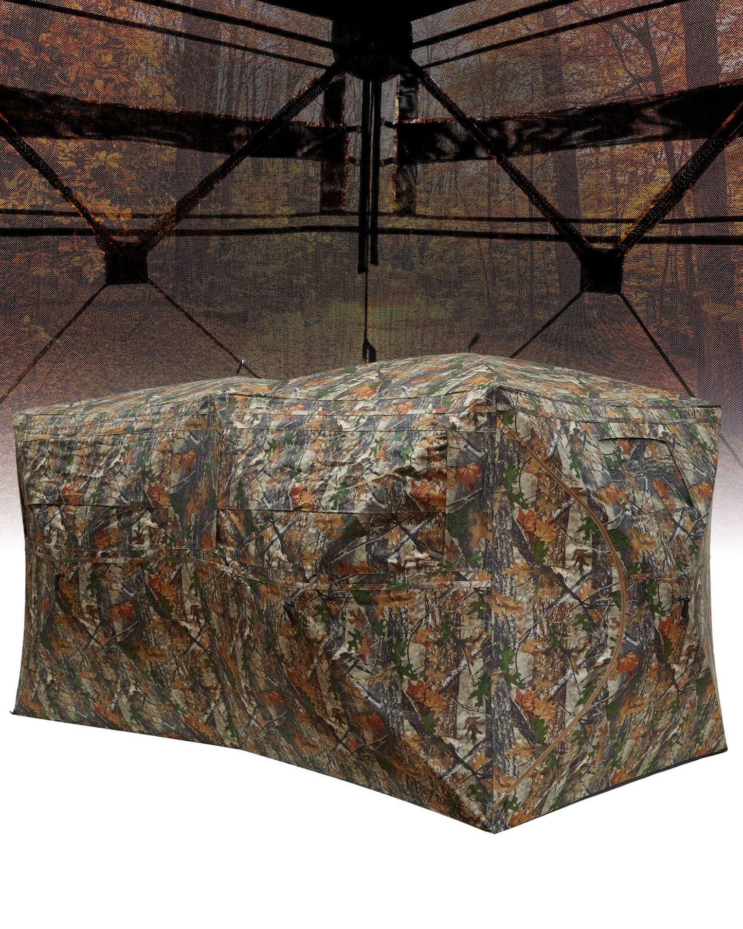 Hunting Blind 270 Degree See Through Ground Blind for Turkey Deer Hunting, 4-6 Person Camouflage Pop Up Hunting Blinds Ground Waterproof Portable Concealed Shelter with Silent Door and Carrying Bag