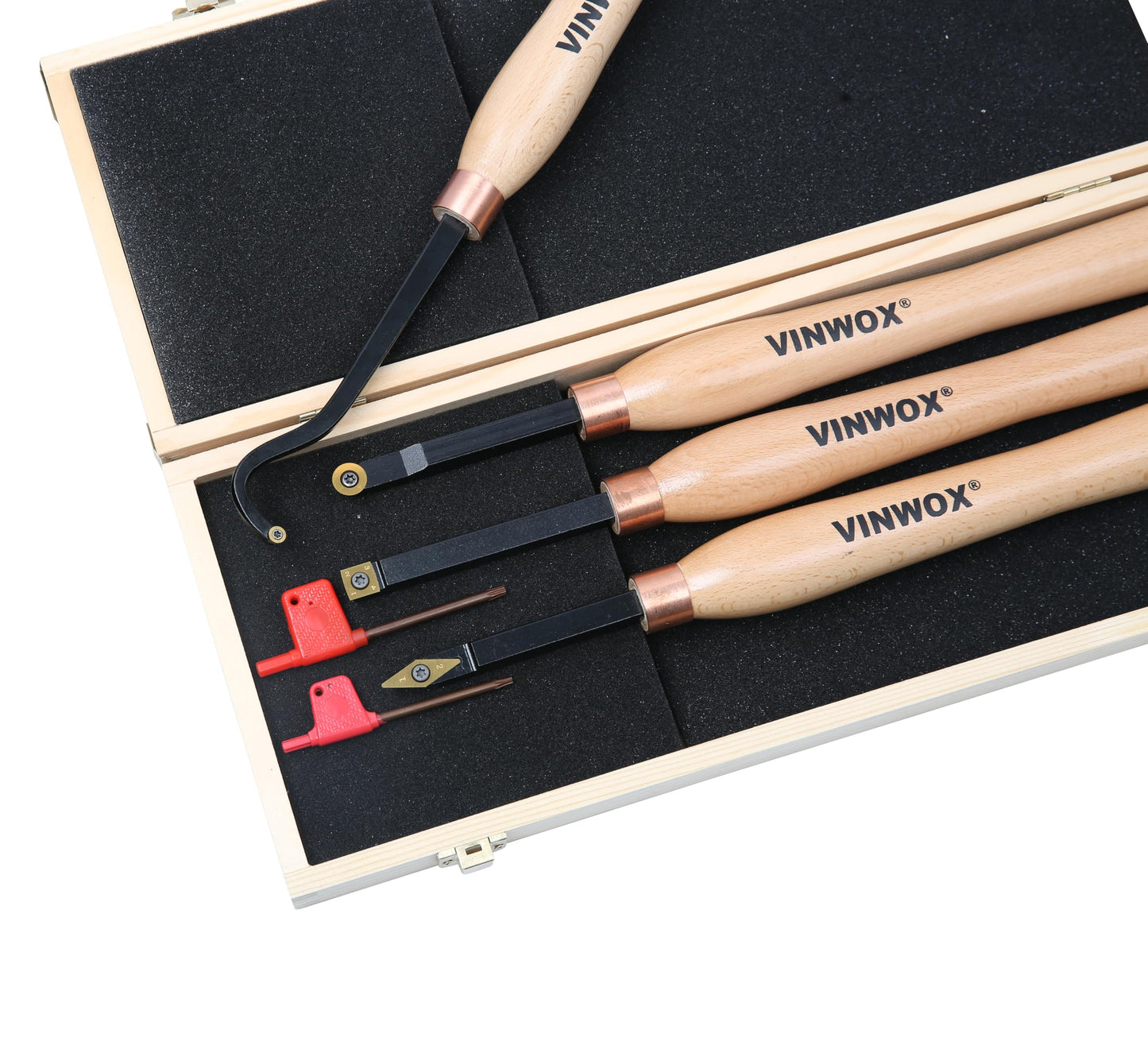 VINWOX 13.5" 4 PCS Carbide Wood Lathe Turning Tool Set, Pen Turning tool, Including Swan Neck Hollower, Rougher, Finisher, Detailer, Titanium Coated Carbide Blades 2X Service Life, Beech Wood Handle
