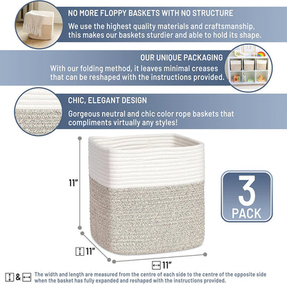 NaturalCozy Storage Cubes - 11 Inch Cotton Rope Baskets for Organizing | 3-Pack Cube Bin Set for Kids, Nursery, Closet