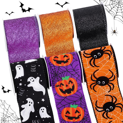 Whaline 6 Rolls Halloween Wired Edge Ribbon 2.5 Inch 30 Yards Glitter Purple Orange Black Ghost Boo Pumpkin Spider Printed Ribbon for Bow Wreath Craft Gift Wrap Party Decor
