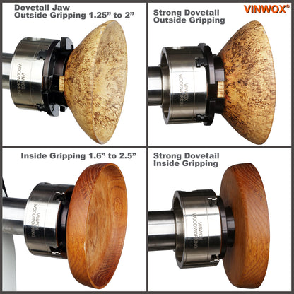 VINWOX 3-1/2INCH Self-Centering Wood Lathe Key Chuck Set, Round Jaw Mounted, with Step Jaw, Pin Jaw & Wide Jaw, 1"x8TPI Thread & 3/4"x16TPI Adapter, SCK4-3.5NV-SET, Nickle Coating NOVA Chuck Body