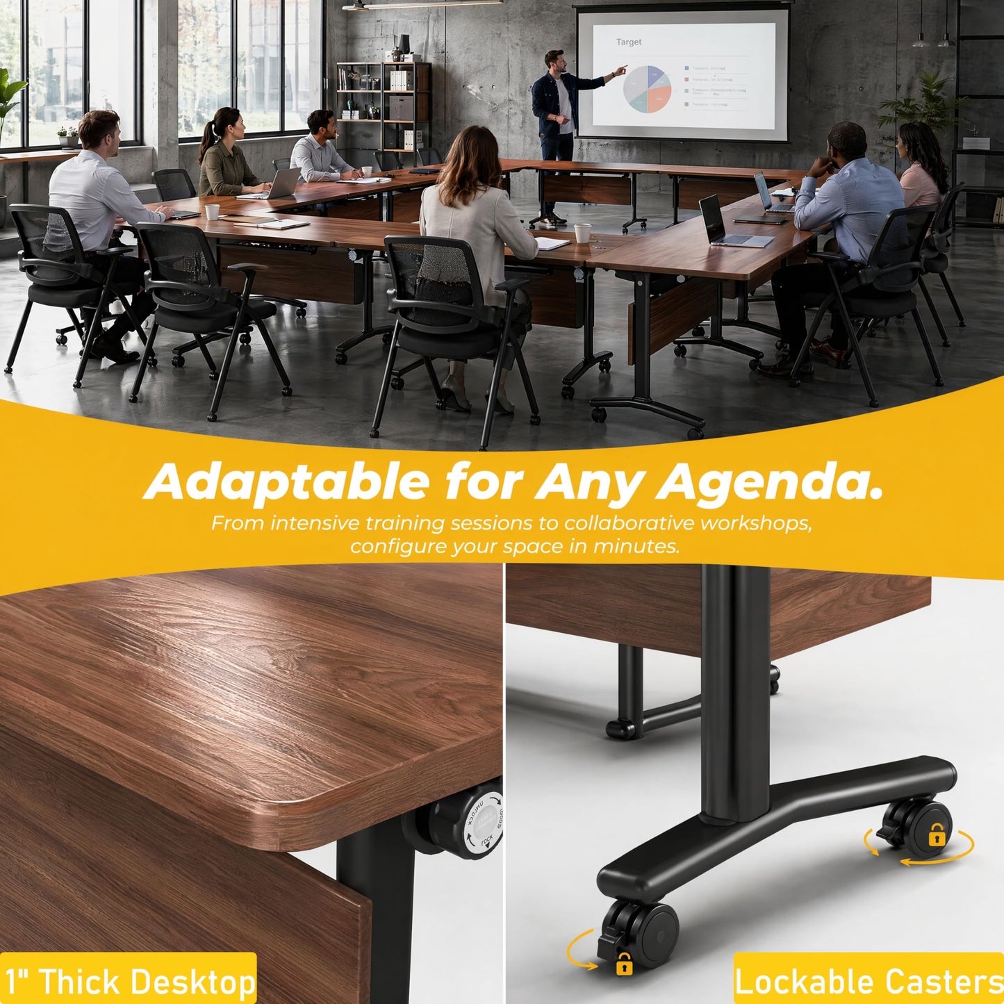 Modular Folding Conference Room Table with Wheels - 6 Pack Flip Top Mobile Training Table,Modern Meeting Tables 2-30 Person,Walnut,61"x 19.6"x 29.5"