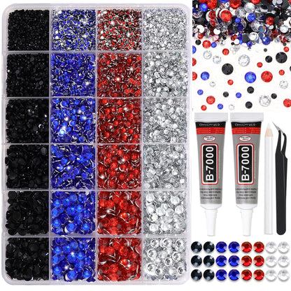 RODAKY Blue Red Rhinestone Flatback Resin Gems Mixed Size Resin Rhinestones for Bedazzling 4th of July Crystal Jewels Clear Black Gem Beads for Crafting Design Face Makeup Clothing