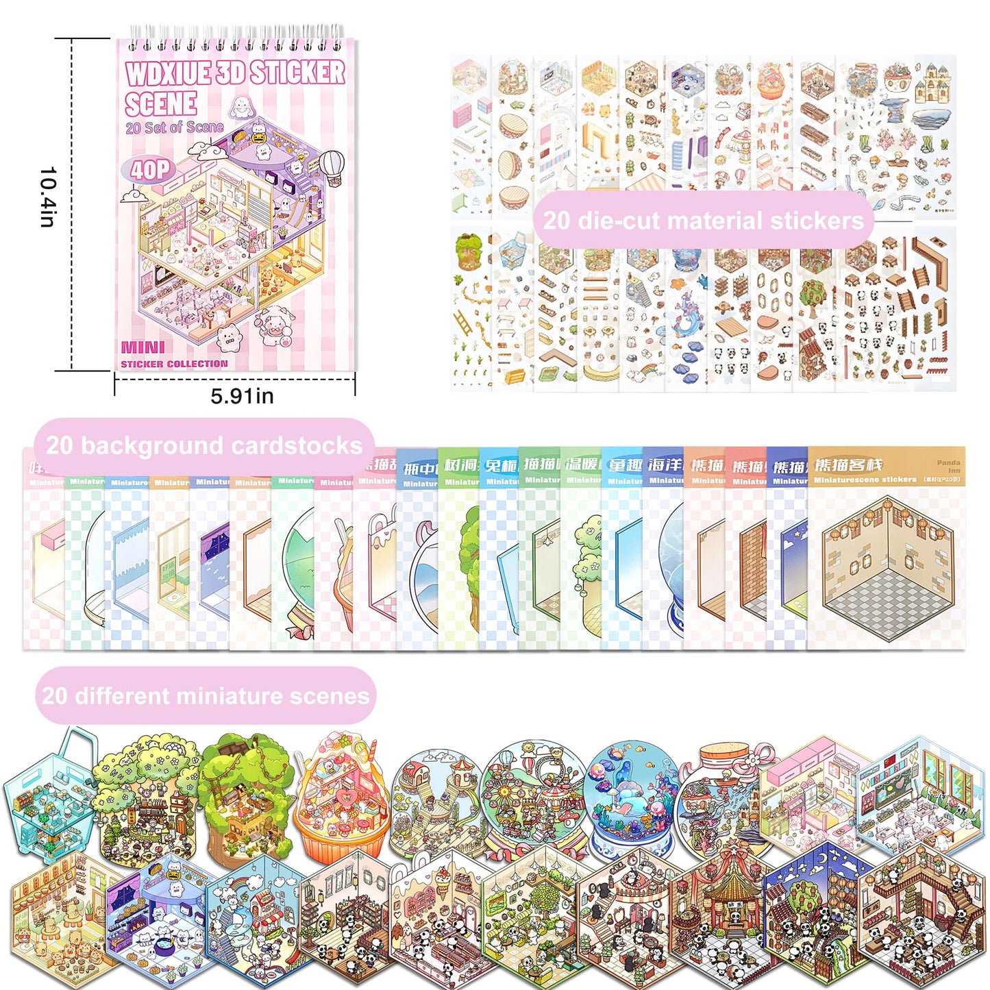 WDXIUE Scene Sticker – 20 Sets DIY 3D Sticker Scene Book Cute Cartoon Stickers Kit – Fun Sticker Therapy Activity for Stress Relief, Crafts & Gifts