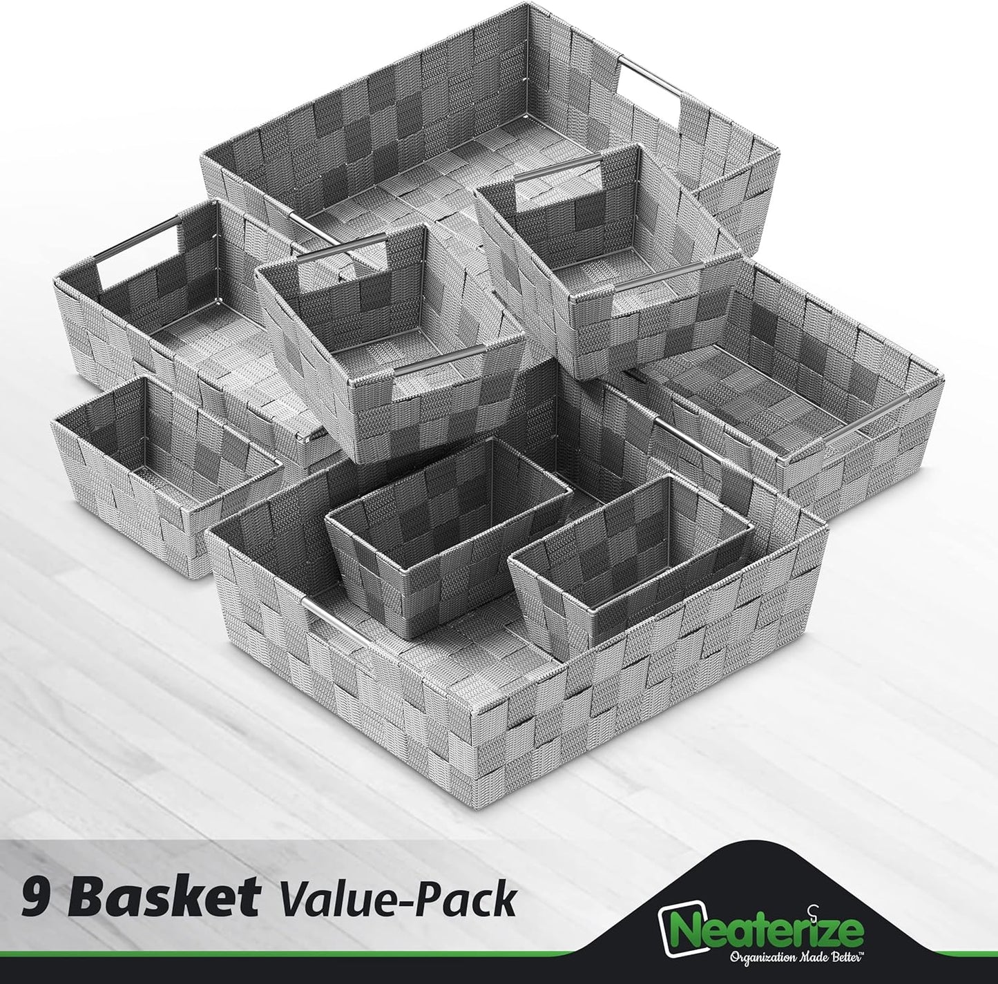 NEATERIZE Closet Organization and Storage Baskets, Set of 9 for Bathroom, Laundry, Baby Nursery, Dark Grey