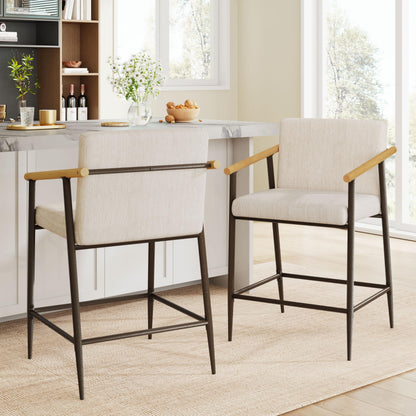 Christopher Knight Home Set of 2 Bever Mid-Century Modern Counter Height Bar Stools, Iron Frame Kitchen Stools, Fabric Upholstered Side Chair with Wooden Armrest and Footrest, Beige+Black+Light Brown