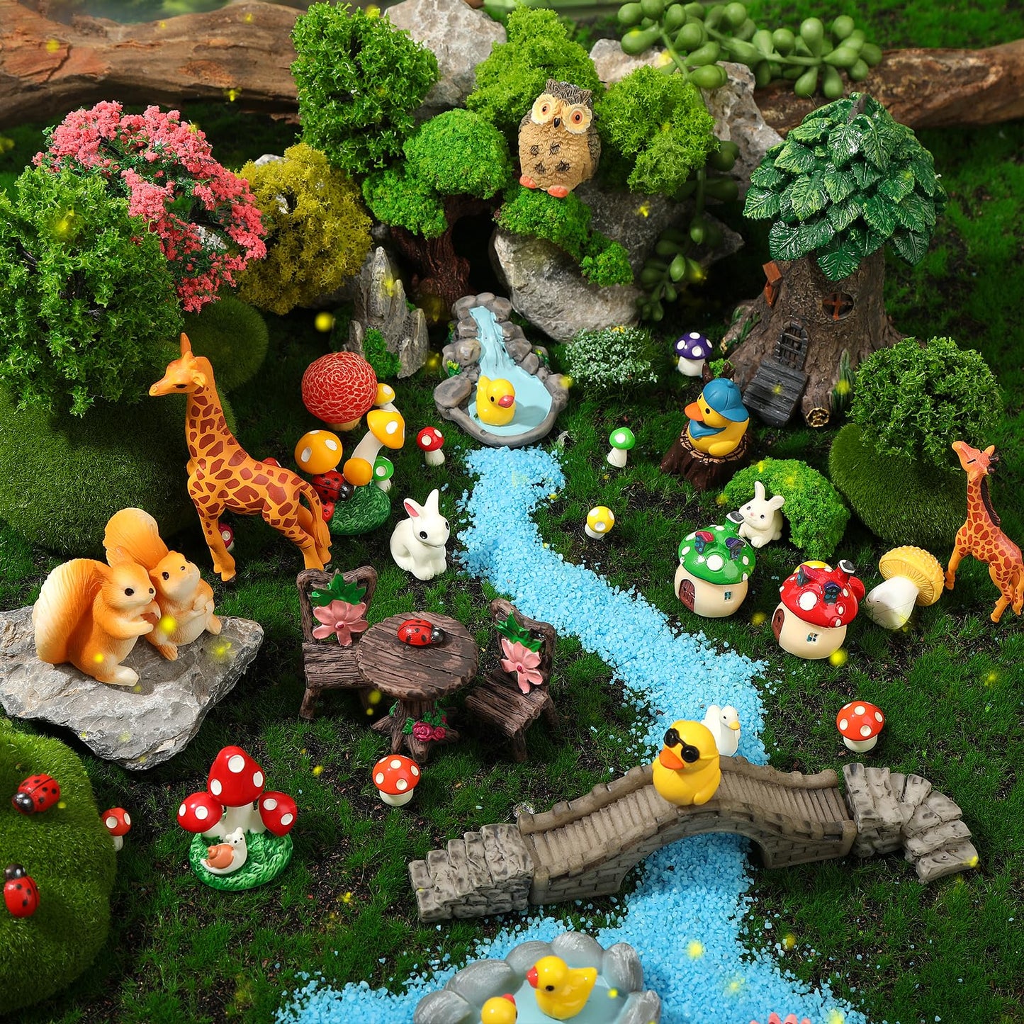 84 Pcs Fairy Garden Accessories Mini Garden Accessories Mini Resin Animals Mushroom Squirrel Duck Rabbit Bridge Pond Owl Micro Landscape Ornaments Kit for DIY Garden Dollhouse Terrarium Succulent