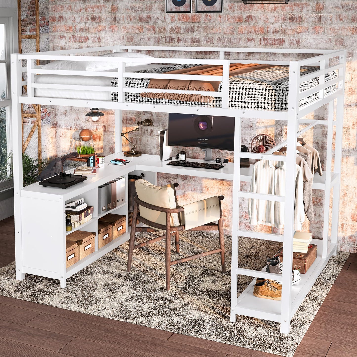 Bellemave Full Size Loft Bed with Desk & Wardrobe, All-in-One Metal Loft Beds Frame with Storage, Space Saving Loft Bed Full Size for Teen, Adult, Apartment, Dorm, White