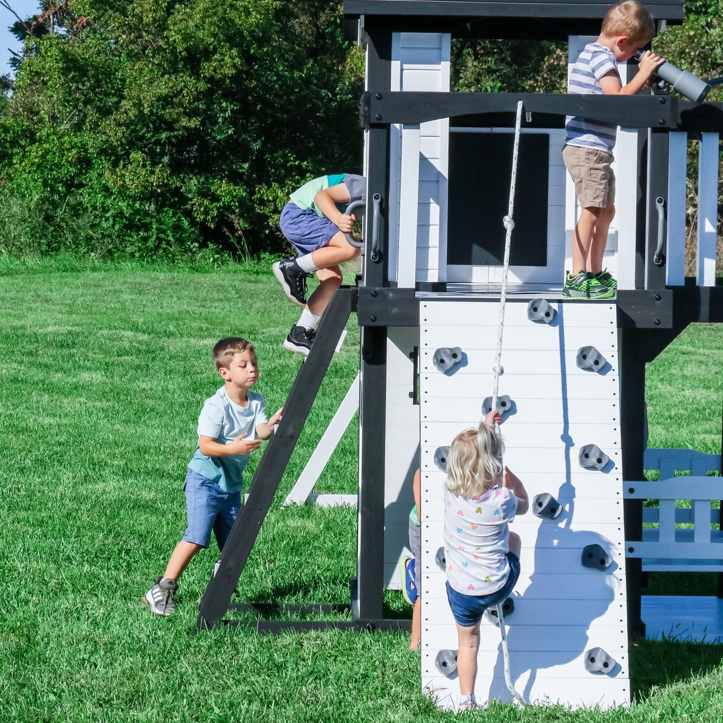 Backyard Discovery Canyon Creek White Cedar Wood Swing Set with Wave Slide, Clubhouse, Play Kitchen, Picnic Area, Belt Swings, Web Swing, Rock Wall, Balconies, Playhouse, Step Ladder, Outdoor Playset