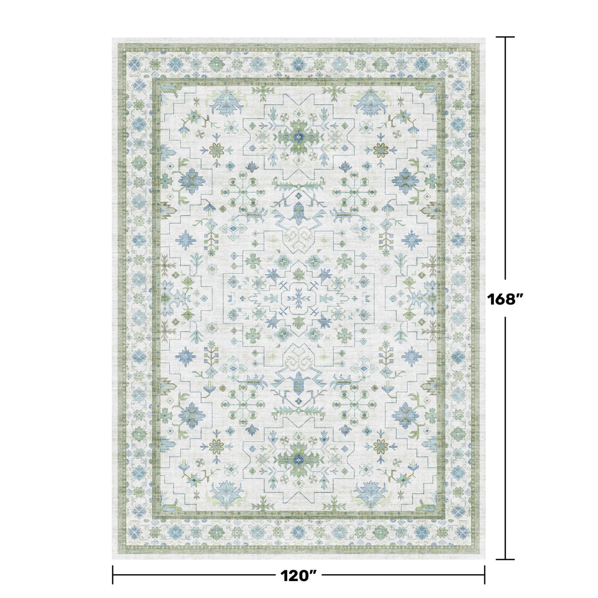 Oriental 10x14 Rug Living Room - Washable Oushak Boho Extra Large for Bedroom Non Slip Soft Faux Wool Carpet for Dining Room Playroom - Cream Blue and Green Floral Rug