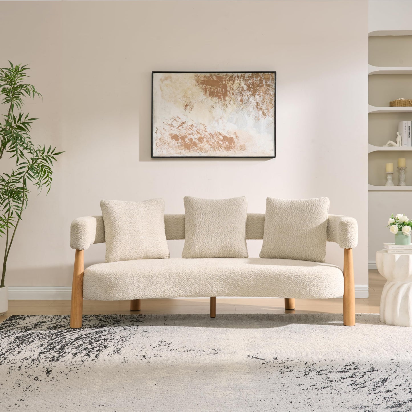 Christopher Knight Home Yulez Curved 3-Seater Sofa Couch with 3 Accent Pillows, Boucle Fabric Upholstered Lounge Seating, 76.5'' Home Office Bedroom Sofa Chair, Comfy Wooden Frame Sofa, Sesame Beige
