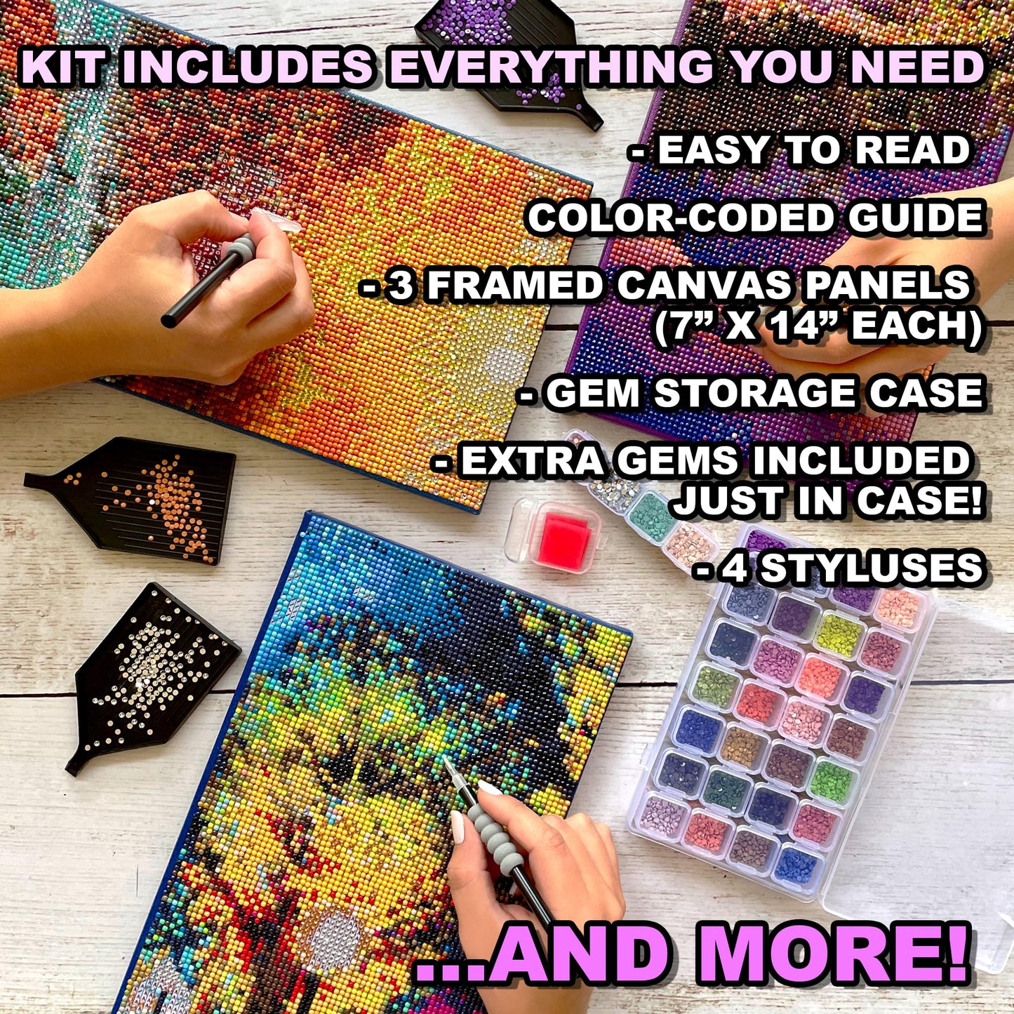 ArtSkills Diamond Painting Kit, Diamond Art on Framed Canvas with Gem Storage Case and Accessory Kit, Forest, 3 Stretched Canvas Panels, 14” x 7” Each