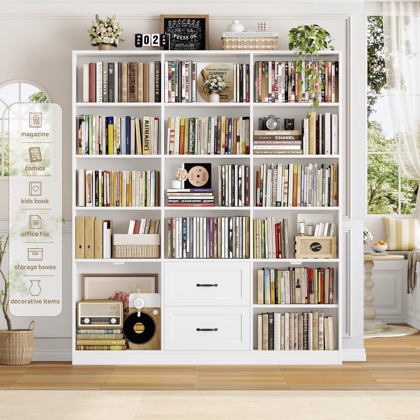 HOSTACK 71" Tall Triple Wide Bookshelf with Doors & Drawers, Modern Wood Bookcase for Storage, 6-Tier Large Bookcase with Display Shelves, Space-Saving Bookshelf for Living Room, Home Office, White