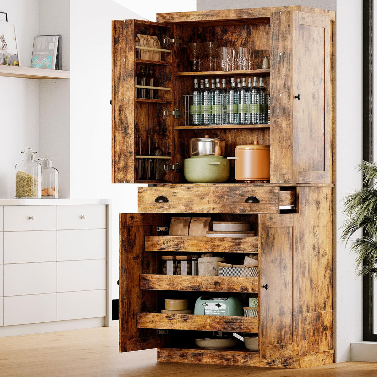 IRONCK Kitchen Pantry Cabinet 72" Height, Freestanding Cupboard with Drawer, Sliding Storage Rack, and 6 Hanging Shelves for Dining Room, Laundry, Living Room, Vintage Brown