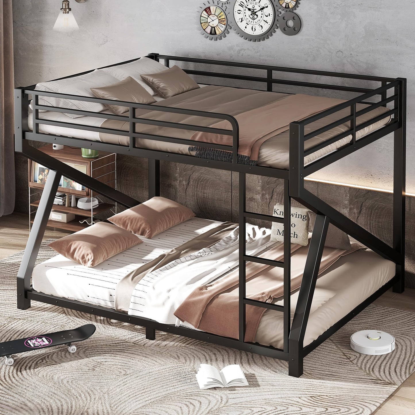 Bellemave Queen Over Queen Metal Bunk Bed,Low Profile Floor Bunk Bed Frame with Angled Ladder, Heavy Duty & Noise-Free Design for Kids, Teens & Adults, Black