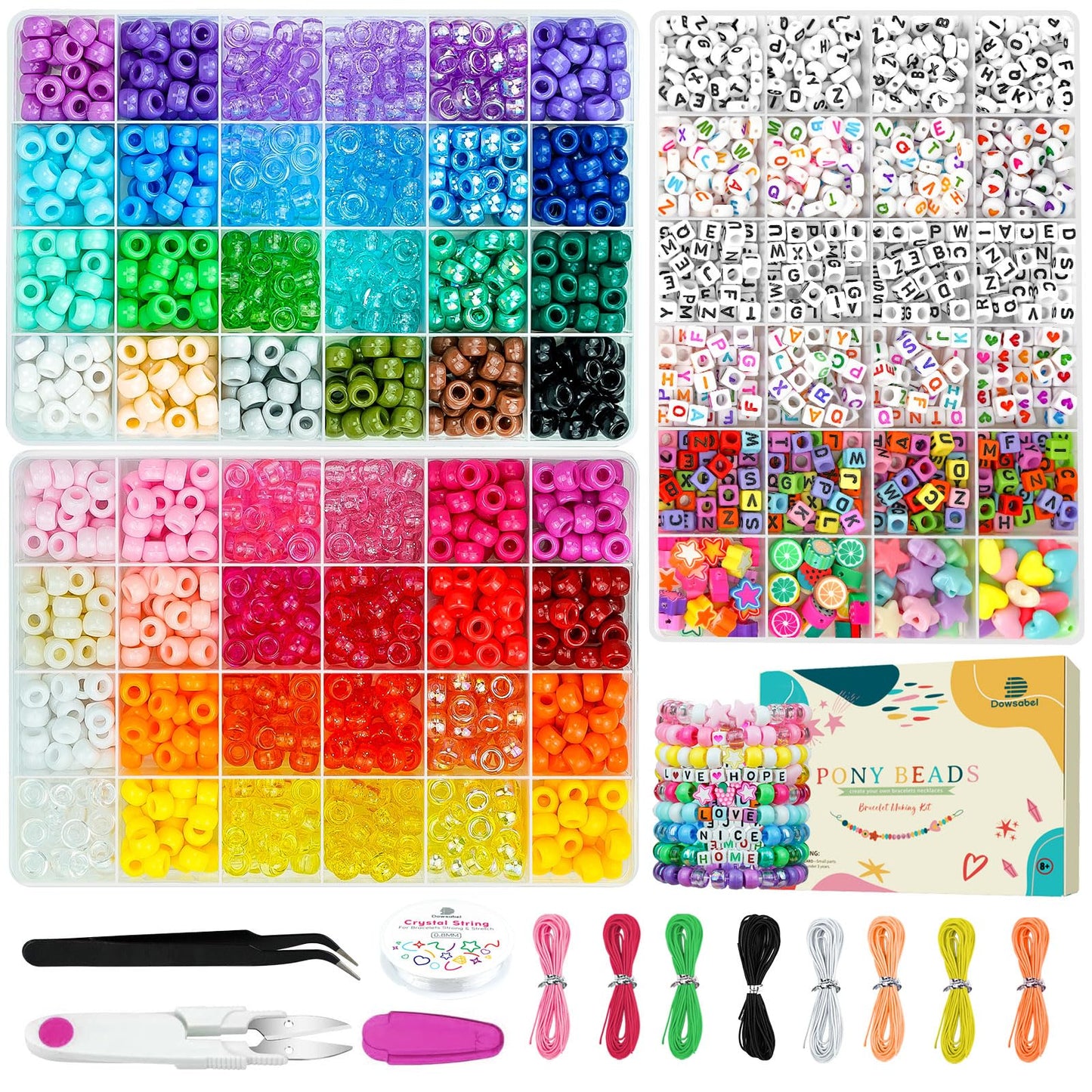 Dowsabel Friendship Bracelet Making Kit, Pony Kandi Beads & 11 Different Beads, 8 Colors Nylon Thread, DIY Jewelry & Craft Gifts