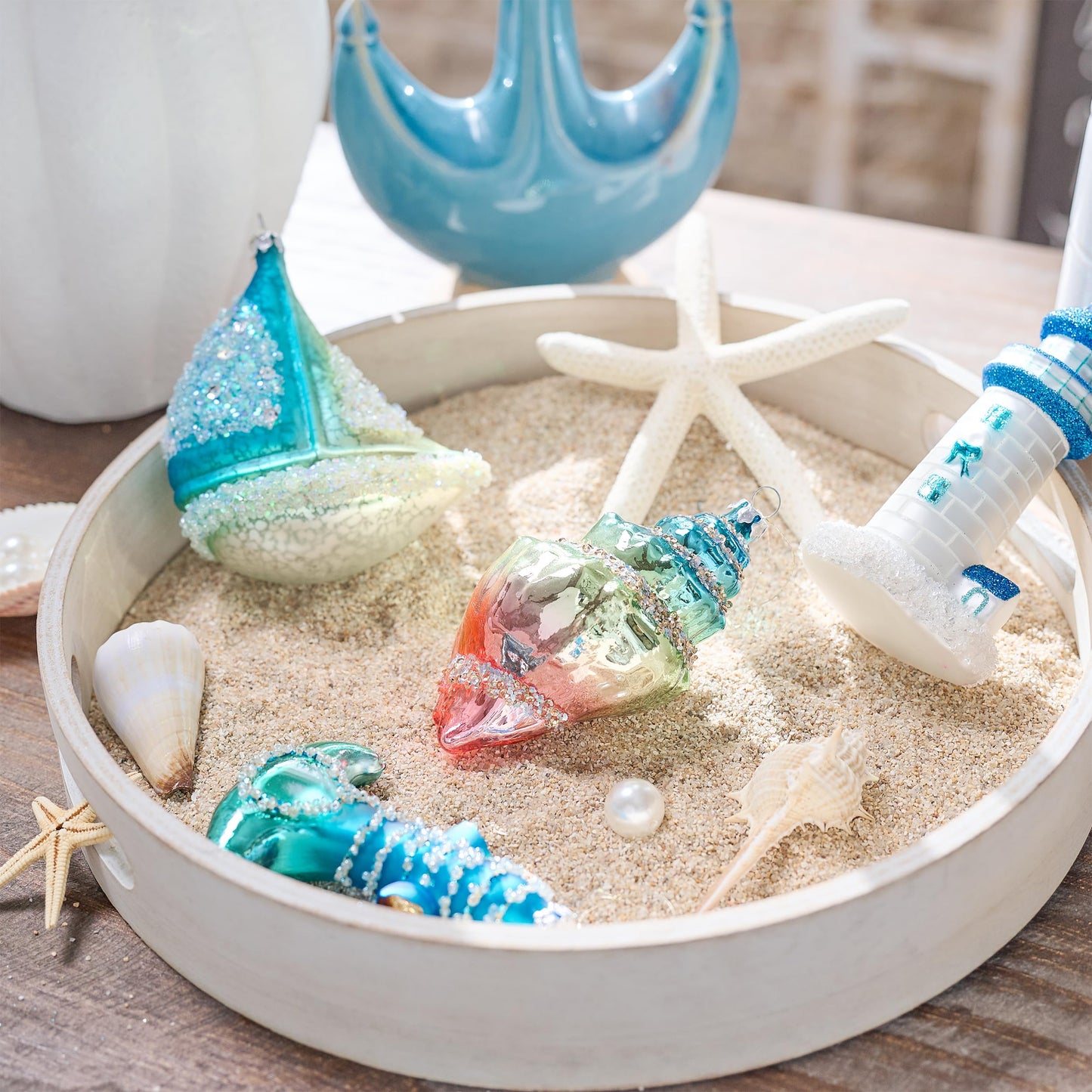 Valery Madelyn Glass Christmas Ornaments Set, 4ct Light Blue and Silver Blown Glass Christmas Tree Decorations, Summer Beach Coastal Ocean Nautical Marine Xmas Hanging Finial Balls Bulk Holiday Decor