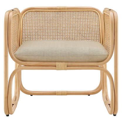 Ellis Natural Rattan Accent Armchair in Natural – Curved Low Lounge Chair with Cushioned Seat for Living Room, Sunroom, or Covered Patio