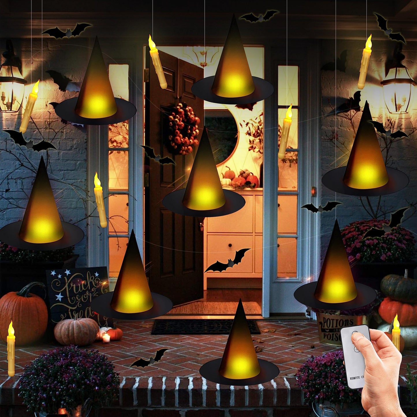 Black Halloween Witch Hat with Light Floating Light Up Witch Hats with Flameless Taper Candles (with Common Remote) 3D Bats Wall Stickers Decorations Witch Costume Accessory for Halloween Party
