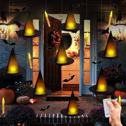 Black Halloween Witch Hat with Light Floating Light Up Witch Hats with Flameless Taper Candles (with Common Remote) 3D Bats Wall Stickers Decorations Witch Costume Accessory for Halloween Party
