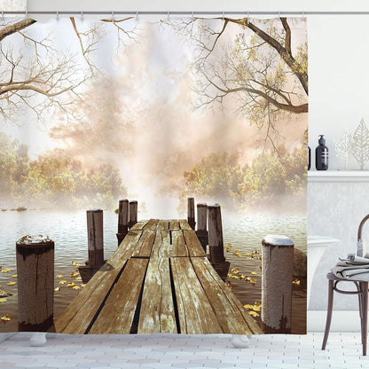 Ambesonne Fall Wooden Foggy Scene Lake River Print Shower Curtain - Extra Long, Beige Brown Taupe