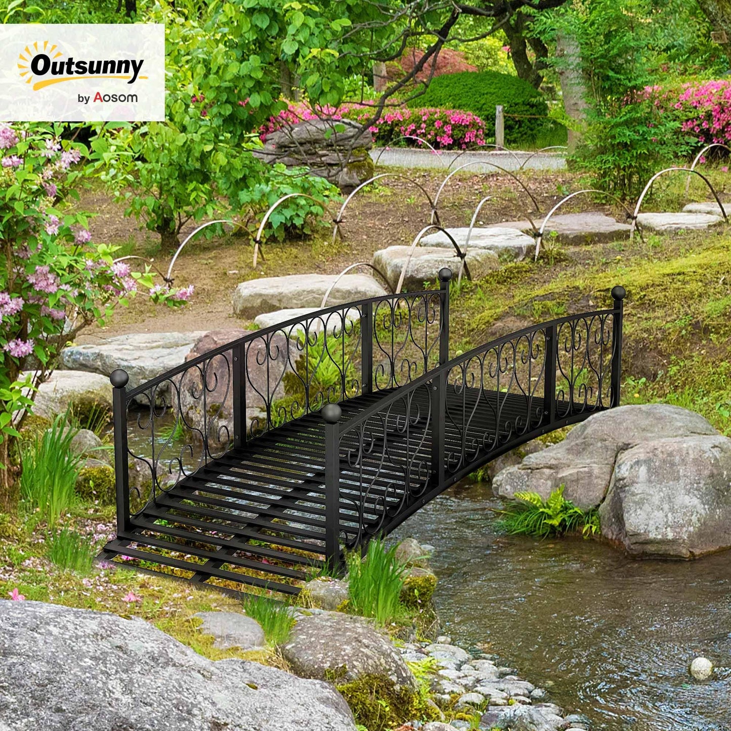 Outsunny 7' Metal Arch Garden Bridge with Safety Siderails, Decorative Arc Footbridge with Delicate Scrollwork S Motifs for Backyard Creek, Stream, Fish Pond, Black