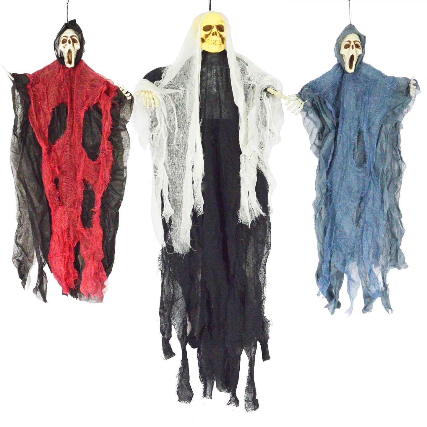 JOYIN 3 Pack Hanging Skeleton Ghost Halloween Decorations,Grim Reapers for Halloween Outdoor Decorations(One 35" Hanging Ghost Skeleton and Two 25" Hanging Reapers)