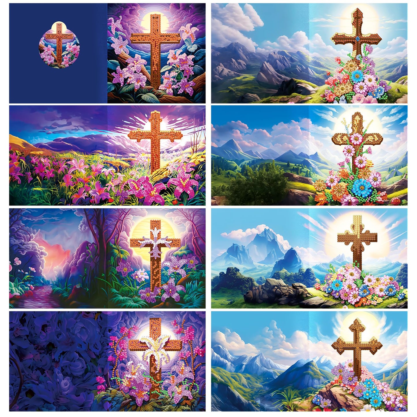 pigpigboss 8 Packs Cross Diamond Painting Greeting Card Kit, Lily Flower Diamond Art Birthday Cards with Envelopes, Diamond Dots Thank you Card for Adult Beginner Holiday Blessing