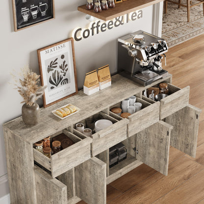 PioneerWorks Sideboard Buffet Cabinet with 4 Drawers, 62.4 Inch Large Coffee Bar Cabinet, Modern Storage Cabinet for Kitchen Dining Room, Gray Buffet Table with Storage, 4 Doors & 4 Drawers