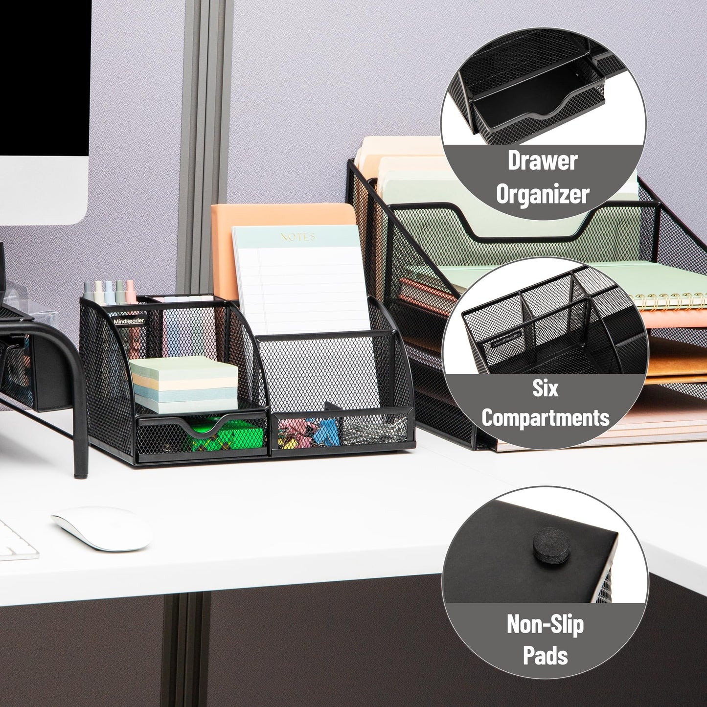 Mind Reader 7-Compartment Desktop Organizer, File & Accessory Storage, Metal Mesh Office Organizer for Desk, Workspace, Mail, Black