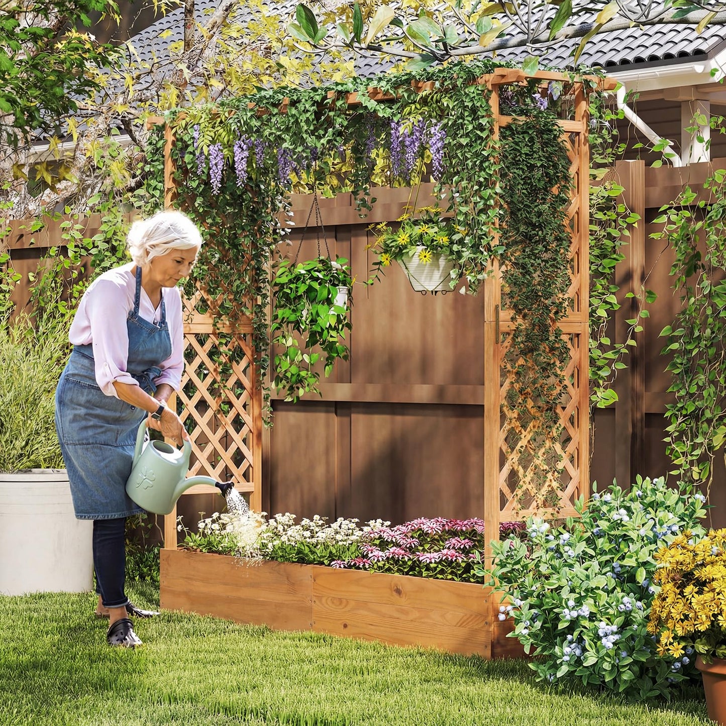 Giantex Set of 2 Raised Garden Bed with Trellis & Hanging Roof, Wood Planter Box with Bottom and Drainage Holes, Freestanding Garden Planter for Flower Vegetable Fruit Herb Climbing Vines, 77"x17"x70"