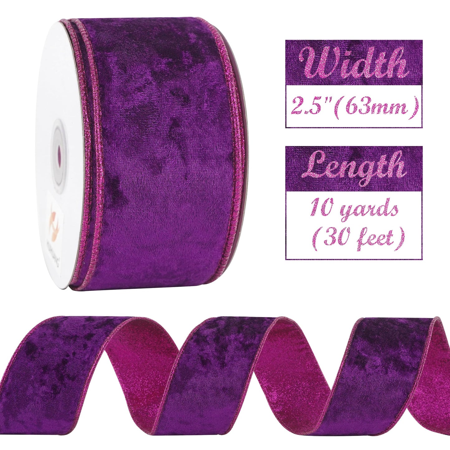 HUIHUANG Purple Velvet Wired Ribbon 2.5 inch Wired Velvet Ribbon with Purple Glitter for Gift Wrapping, Christmas Tree Decoration, Bows, Wreaths, Garlands, Halloween Decor - 10 Yards