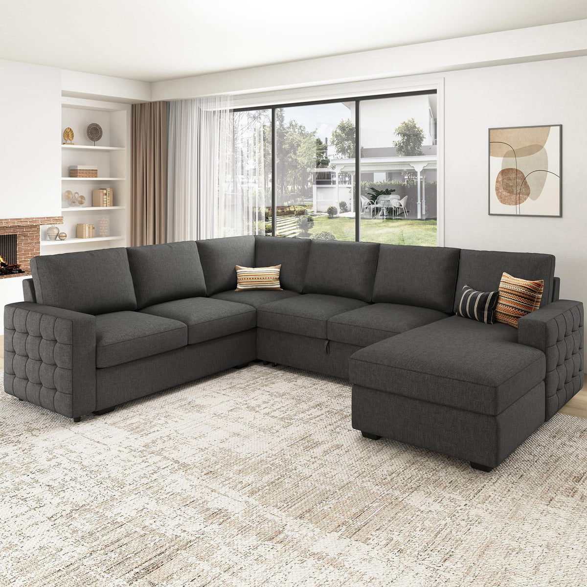 HONBAY Sectional Sleeper Sofa with Pull-Out Bed Storage Chaise, 6 Seaters Couch for Living Room, Light Grey
