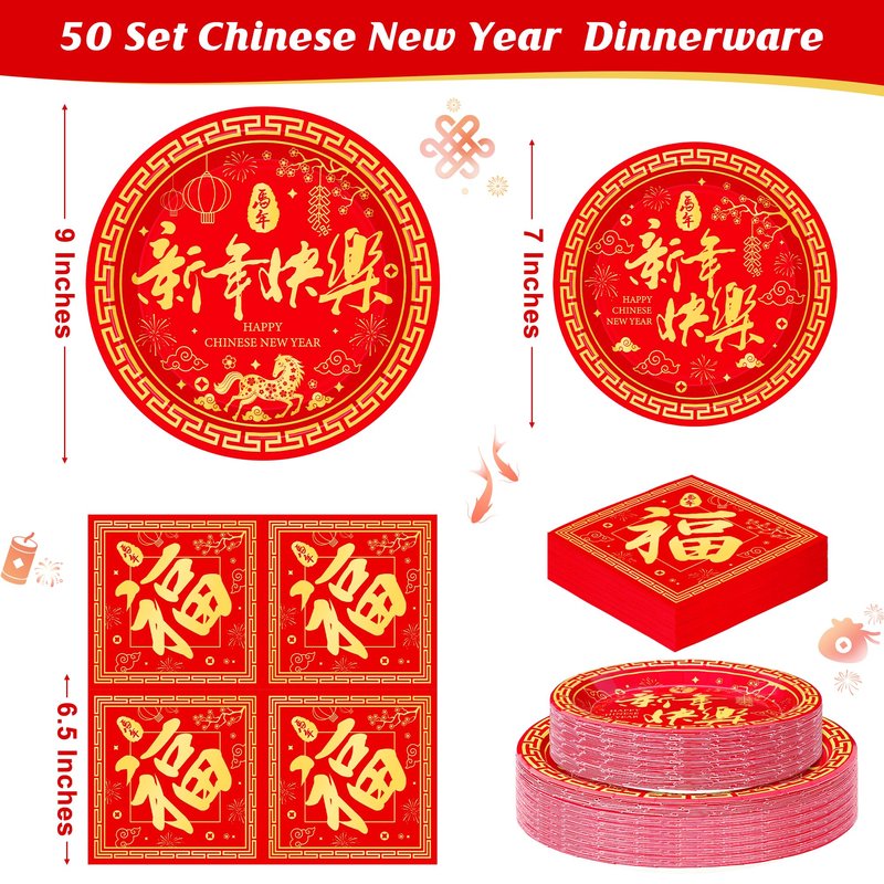 QZYL 150 PCS Lunar New Year Decorations 2026, Disposable Chinese New Year Plates and Napkins, Red Paper Plates, Serve for 50 Spring Festival Party Supplies Chinese Year of the Horse Cutlery