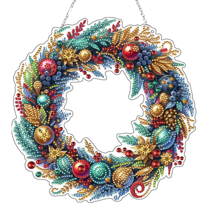 JJFox Diamond Art Hanging Kit for Adult,Special Shaped Rhinestone,DIY Acrylic Diamond Art Painting Window Pendants Home Garden Wall Hanging Kits Hanging Ornament,Double Sided (Christmas wreath2)
