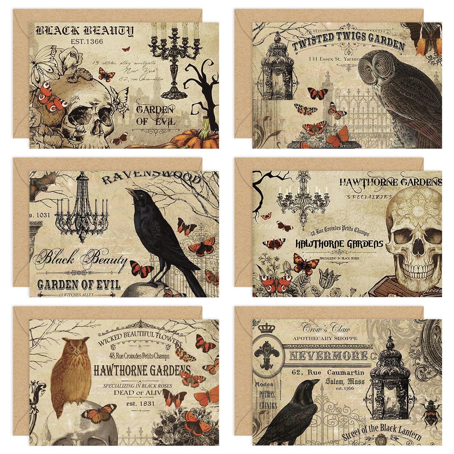 Whaline 36 Pack Halloween Greeting Cards Vintage Owl Crow Skull Blank Note Cards with Envelopes Stickers for Party Invitation Supplies, 4 x 6 Inch