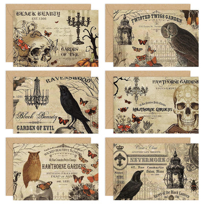 Whaline 36 Pack Halloween Greeting Cards Vintage Owl Crow Skull Blank Note Cards with Envelopes Stickers for Party Invitation Supplies, 4 x 6 Inch