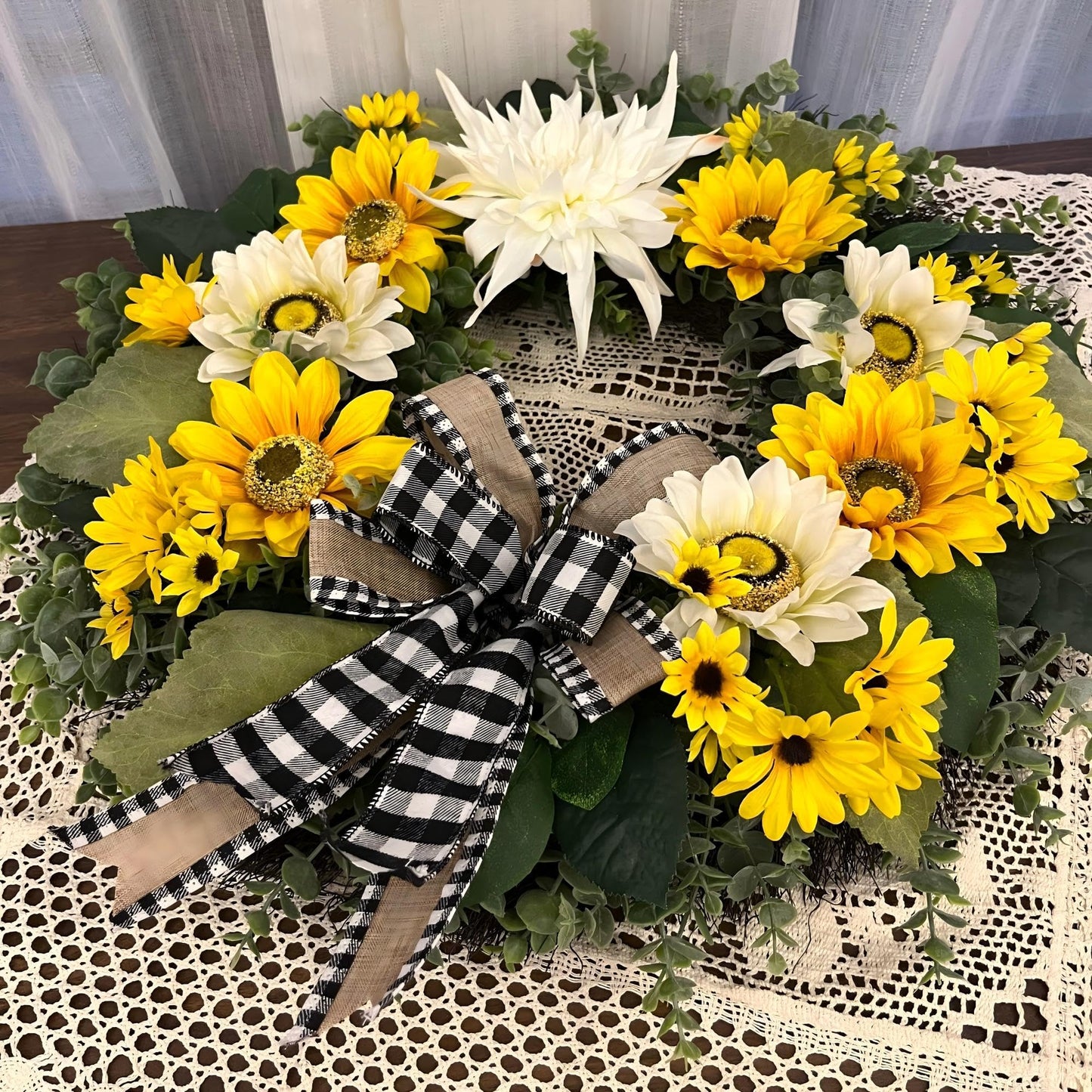 CYANBLOOM 24 Inch Summer Front Door Wreath – Modern Farmhouse Cream White & Yellow Sunflower Dahlia Wreath with Buffalo Plaid Bow, Outdoor Porch Wall Decor All Season, Housewarming Wedding Gift