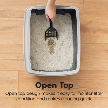 IRIS USA Large Open Top Cat Litter Box with High Sides, Scatter Shield & Scoop, Black - Easy Clean Plastic Litter Pan for Indoor Cats, Kittens or Multicat Homes