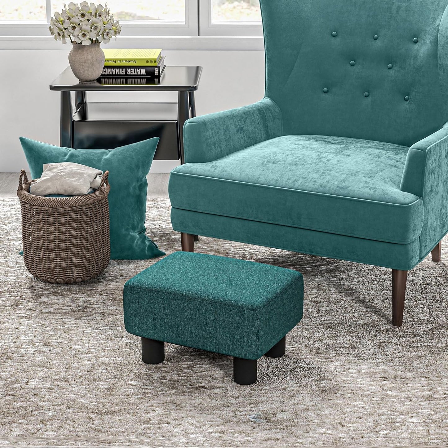 HOMCOM Ottoman Foot Rest, Small Foot Stool with Linen Fabric Upholstery and Plastic Legs, Cube Ottoman for Living Room