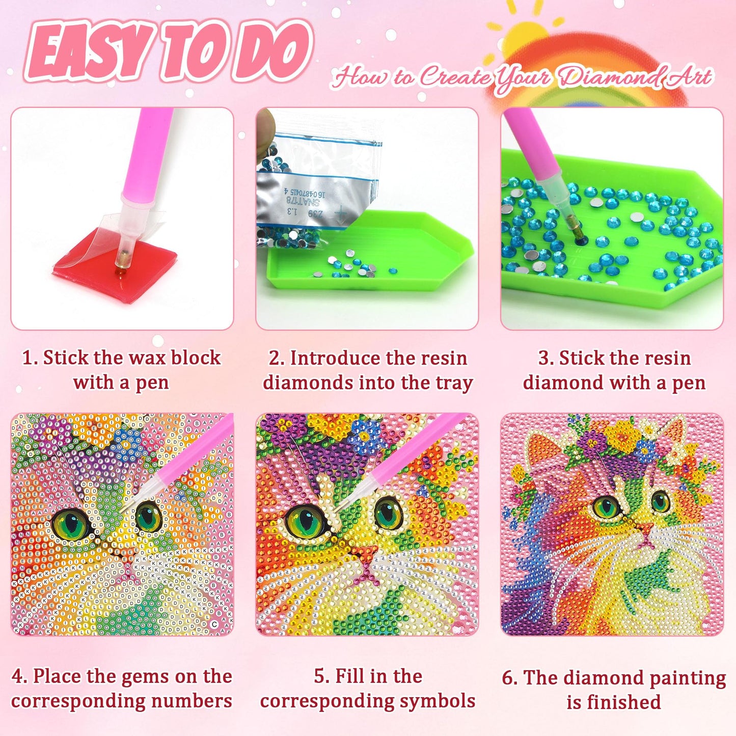 Leixonl 4 Packs 5D Diamond Art Kits for Kids Ages 6-8-9-12,Arts and Crafts Set for Home Wall Decor.Gem Art by Number Kits Arts and Crafts Kits(5.9x5.9inch) (4-pack-15-cat Dog cat Alpaca)